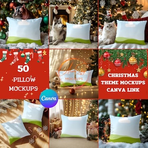 May include: 50 Christmas-themed pillow mockups featuring a variety of scenes with pillows, including a white husky dog, a white cat, and a fireplace. The mockups are perfect for showcasing your designs and creating eye-catching visuals for your Etsy shop.