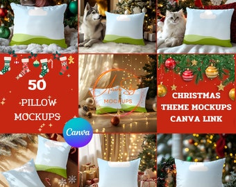 Christmas Pillow Mockup Bundle for Canva - 50 Editable Holiday Cushion Templates (Digital Download)