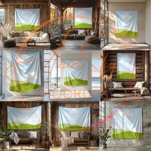 Op de afbeelding: Een set van negen mockups die een wandkleed met een groen en blauw landschapsontwerp laten zien. De wandkleden worden in verschillende omgevingen getoond, waaronder een rustieke houten hut, een moderne woonkamer en een minimalistische slaapkamer.