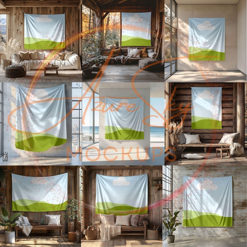 Op de afbeelding: Een set van negen mockups die een wandkleed met een groen en blauw landschapsontwerp laten zien. De wandkleden worden in verschillende omgevingen getoond, waaronder een rustieke houten hut, een moderne woonkamer en een minimalistische slaapkamer.