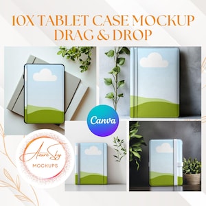 Puede incluir: Maqueta de una funda para tableta con un diseño de cielo azul y hierba verde. La funda se muestra en diferentes posiciones y fondos. El texto "Azure Sky Mockups" es visible en un círculo.