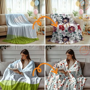 May include: Two images show a light blue and green throw blanket on a couch. The first image shows the blanket folded on the couch. The second image shows a person sitting on the couch with the blanket draped over their lap. Two other images show a white throw blanket with a floral pattern on a couch. The first image shows the blanket folded on the couch. The second image shows a person sitting on the couch with the blanket draped over their lap.