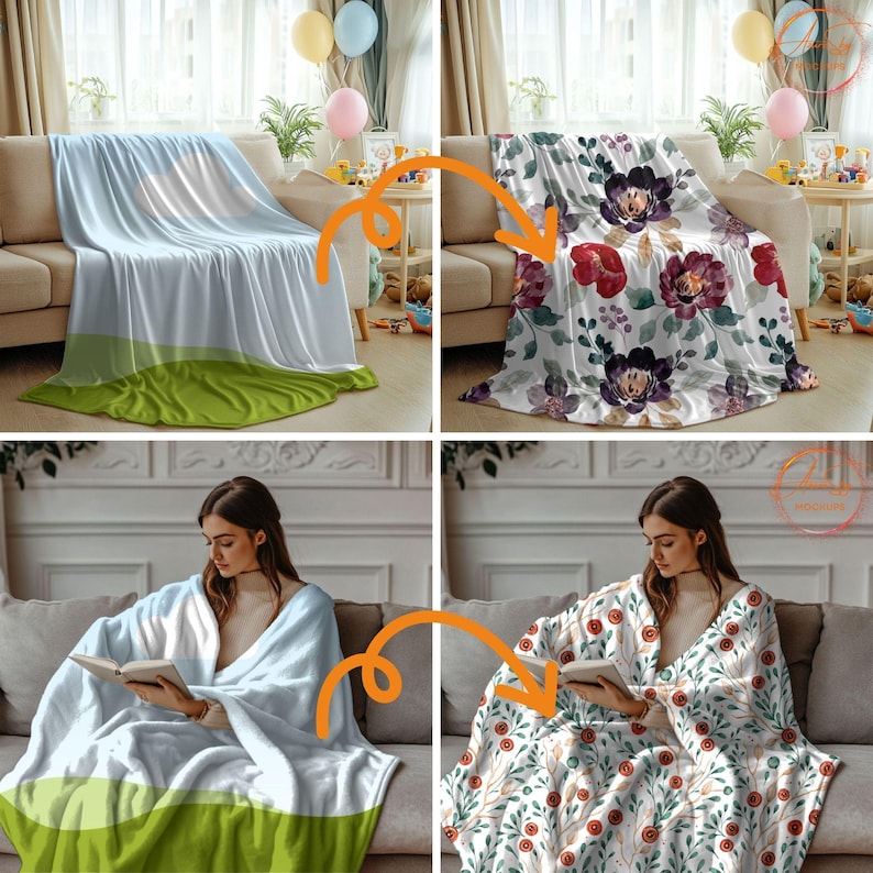 May include: Two images show a light blue and green throw blanket on a couch. The first image shows the blanket folded on the couch. The second image shows a person sitting on the couch with the blanket draped over their lap. Two other images show a white throw blanket with a floral pattern on a couch. The first image shows the blanket folded on the couch. The second image shows a person sitting on the couch with the blanket draped over their lap.