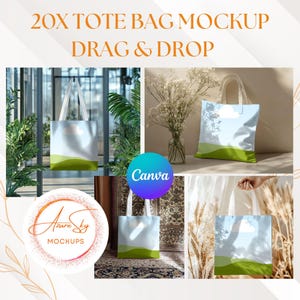 May include: A mockup of 20 tote bags with a light blue background, green grass, and a white cloud. The bags are shown in different settings, including a room with a window, a table with flowers, and a hand holding the bag. The text "Azure Sky Mockups" is visible in a circle.