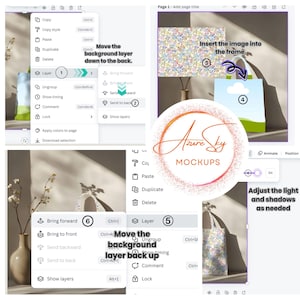 May include: A step-by-step guide on how to create a mockup using a digital design program. The image shows a tote bag with a floral pattern on a white background. The steps include inserting the image into the frame, moving the background layer to the back, and adjusting the light and shadows as needed.