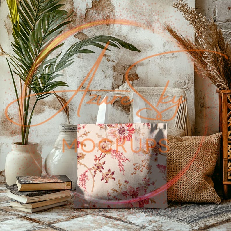 May include: A white tote bag with a floral pattern in shades of pink, red, and green. The bag is sitting on a wooden surface with a stack of books and a vase.