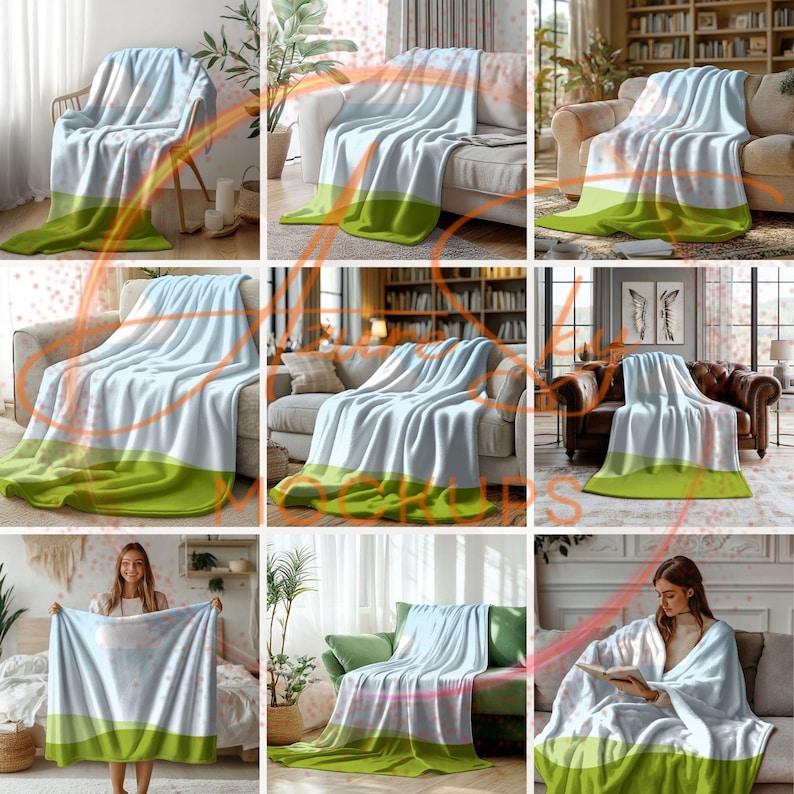 May include: A soft, plush throw blanket with a light blue and green color scheme. The blanket is shown draped over furniture and held by a person in various settings.