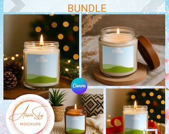 Candle Mockup Canva Bundle | 20 Realistic Candle Jar Scenes | Cozy Christmas Label Templates