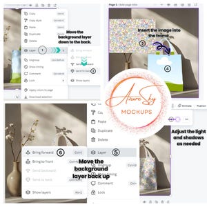 Op de afbeelding: Een stapsgewijze handleiding voor het maken van een mockup met behulp van een digitaal ontwerpprogramma. De afbeelding toont een draagtas met een bloemenpatroon op een witte achtergrond. De stappen omvatten het invoegen van de afbeelding in het frame, het verplaatsen van de achtergrondlaag naar achteren en het aanpassen van licht en schaduwen indien nodig.