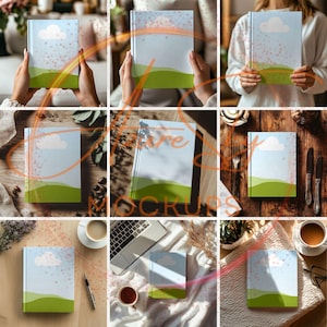 May include: A mockup of a book cover with a blue sky, white clouds, and a green field. The book cover is surrounded by a light pink glow.