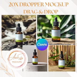 May include: An image showcasing amber glass dropper bottles with black droppers. Each bottle has a label with a blue sky and green hill design. The text "20X DROPPER MOCKUP DRAG & DROP" is at the top. The Canva logo and "Azure Sky Mockups" are also visible.