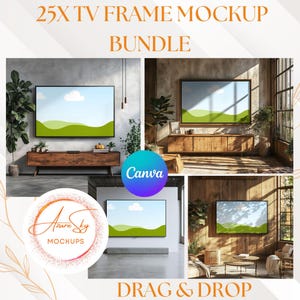 May include: A mockup bundle of 25 TV frames, showcasing different interior design styles. The frames are empty, allowing you to easily add your own images or videos. The text "DRAG & DROP" is displayed at the bottom of the image.