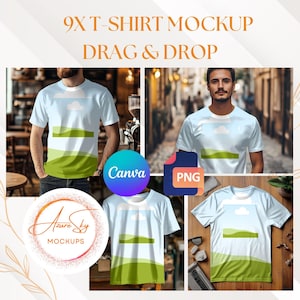 Puede incluir: Imagen de maqueta que presenta varias camisetas con un diseño de paisaje. Las camisetas son de color azul claro con un gráfico de paisaje verde y blanco. La imagen incluye el texto "9X T-SHIRT MOCKUP DRAG & DROP" y un logotipo que dice "Azure Sky Mockups".