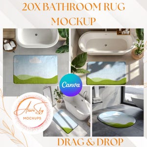 Op de afbeelding: Een mockup van 20 badkamermatten met een lichtblauw en groen ontwerp. De matten worden getoond in verschillende badkameromgevingen met een badkuip en een betegelde vloer. De tekst "DRAG & DROP" staat onderaan de afbeelding.