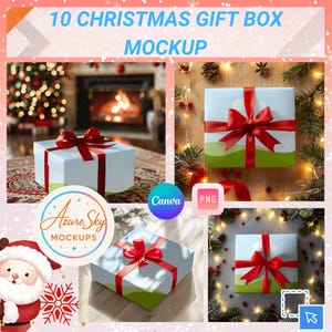 May include: A mockup image featuring ten Christmas gift boxes. The boxes are white with a light blue top and a red ribbon. The image includes the text "10 Christmas Gift Box Mockup" and the logo for "Azure Sky Mockups".