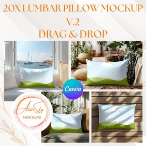 May include: A mockup of 20 lumbar pillows with a green and blue landscape design. The pillows are shown in different settings, including a windowsill, a wooden deck, and a couch. The text "20X LUMBAR PILLOW MOCKUP V.2 DRAG & DROP" is at the top of the image.