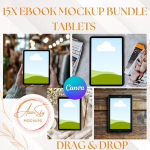 Può includere: Un pacchetto di mockup digitali con tablet che mostrano uno sfondo paesaggistico di cielo blu e colline verdi. L'immagine include il testo "15X EBOOK MOCKUP BUNDLE TABLETS" e "DRAG & DROP". Sono visibili anche il logo Canva e il logo Azure Sky Mockups.