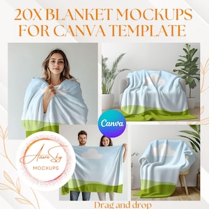 Puede incluir: 20 plantillas de maquetas de mantas para Canva. Las plantillas presentan una manta azul claro con una nube blanca y un diseño de hierba verde. La manta se muestra en una silla, en una cama y sostenida por dos personas.