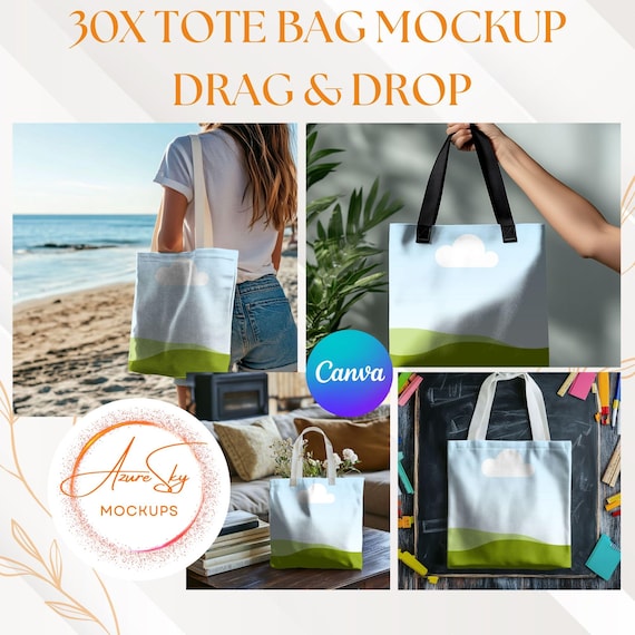 30x Canva Tote Bag Mockup Bundle  Editable Drag & Drop Templates for Print-on-Demand