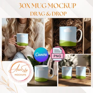 Puede incluir: Un conjunto de 30 maquetas de tazas personalizables con una taza blanca con un cielo azul y un diseño de hierba verde. Las tazas se muestran en diferentes entornos, incluyendo una persona sosteniendo una taza, una taza en una caja y un grupo de tazas sobre una superficie de madera. Las maquetas son perfectas para mostrar tus diseños y tu marca.