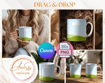 Pacote de 30 mockups de canecas para Canva | Mockups de canecas de café digitais | Modelos personalizáveis para pequenas empresas | Arraste e solte
