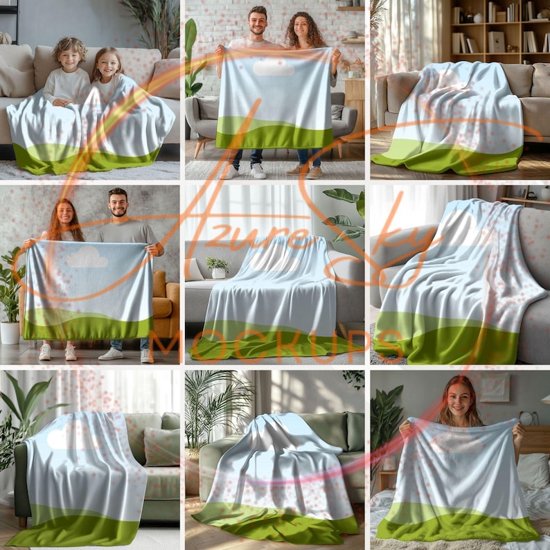 May include: A set of six different blankets with a sky and grass design. The blankets are shown on couches with people holding them. The blankets are soft and cozy and perfect for snuggling up on the couch.