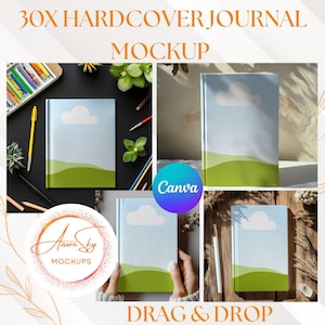 May include: Mockup of a hardcover journal with a blue sky and green grass design. The journal is shown in different settings, including on a table with pencils and plants, and in a hand holding the journal. The text "DRAG & DROP" is at the bottom of the image.