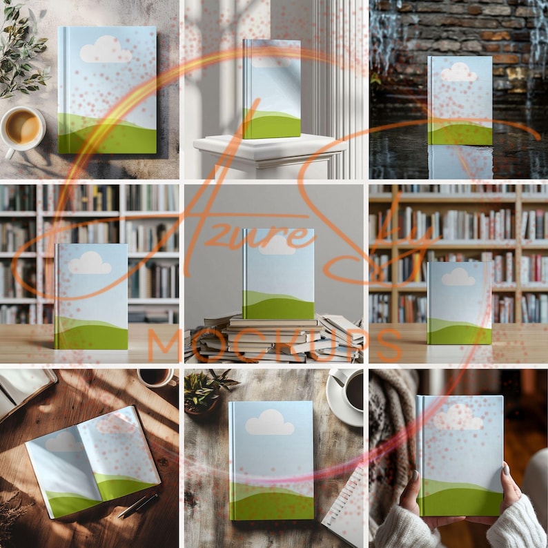 May include: A mockup of a book cover with a blue sky, white clouds, and green grass. The book cover is shown in various settings, including on a bookshelf, on a table, and in a person's hand.