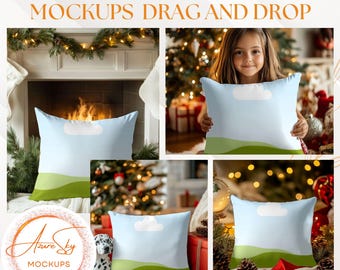 May include: 15 Christmas pillow mockups featuring a white cloud and green hills on a blue background. The pillows are displayed in various settings, including a fireplace, a Christmas tree, and a cosy living room.