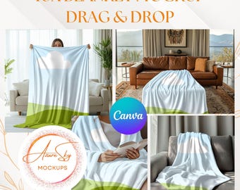 Modelo de mockup de cobertor Canva | Download digital | Expositor de produtos de cobertores aconchegantes | Mockup Canva editável para vendedores do Etsy | BlanketDesignShowcase