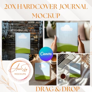 Può includere: Quattro mockup di un diario con copertina rigida con un design di cielo blu e erba verde. Il diario è mostrato in diverse ambientazioni, tra cui una cascata, un divano e un tavolo con un laptop e tazze da caffè. Il testo "DRAG & DROP" è in basso nell'immagine.
