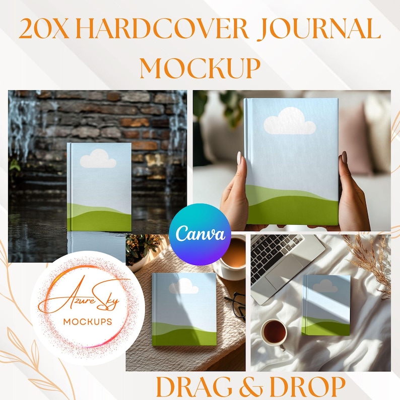 May include: Four mockups of a hardcover journal with a blue sky and green grass design. The journal is shown in different settings, including a waterfall, a couch, and a table with a laptop and coffee cups. The text "DRAG & DROP" is at the bottom of the image.