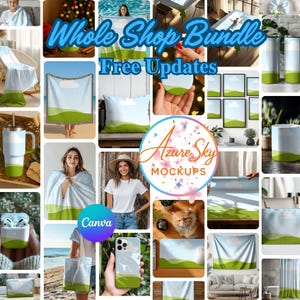 Puede incluir: Un collage de maquetas de productos con un diseño consistente de cielo azul, nube blanca y paisaje verde. Los productos incluyen mantas, cojines, tazas, fundas para teléfonos y más. El texto "Whole Shop Bundle" y "Free Updates" es visible.