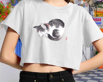 Camiseta corta de mujer con estampado de gato japonés vintage, ilustración de gato durmiendo, camiseta de arte japonés, camiseta retro de arte japonés, camiseta de gato