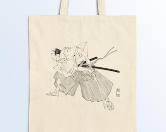 Japanese Samurai Art Tote Bag, Ukiyo-e Sketch Canvas Shopper, Retro Warrior Illustration, Minimalist Gift