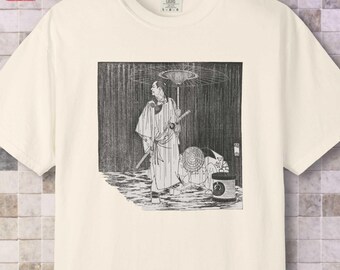 Samurai and Retainer T-Shirt, Japanese Woodblock Print Art, Unisex Shirt, Katana, Edo Period Scenery, Black and White