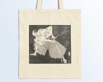 Samurai Wielding a Sword Tote Bag, Japanese Woodblock Print Art, Katana, Swordfight, Swordplay, Hakama, Bushido, Black & White Print