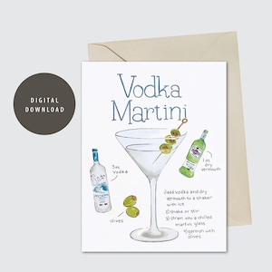 Biglietto d'auguri stampabile, Vodka Martini, acquerello, ricetta, cocktail, arte da bar