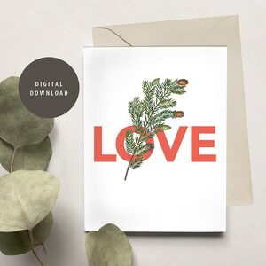 Tarjeta de felicitación imprimible AMOR de Navidad, Rama de pino, Simple, Naturaleza