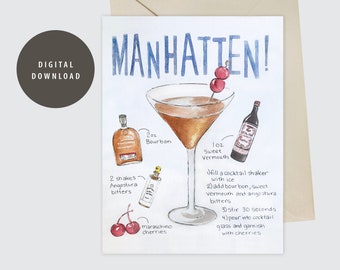 Printable Greeting Card, Manhattan, Watercolor, Recipe, Cocktail, Bar Art