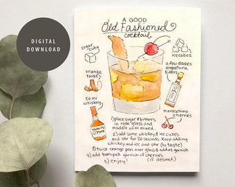 Printable Greeting Card, Old Fashioned, Watercolor, Recipe, Cocktail, Bar Art