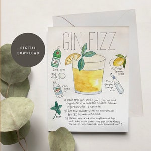 Carte de voeux imprimable, Gin Fizz, Aquarelle, Recette, Cocktail, Bar Art