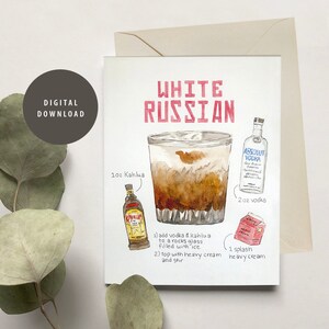 Biglietto d'auguri stampabile, White Russian, acquerello, ricetta, cocktail, arte da bar