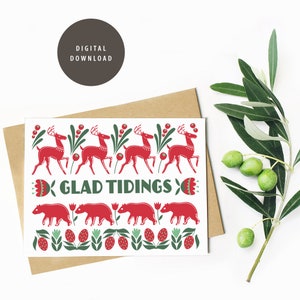 Printable Greeting Card, Holiday, Christmas, Glad Tidings, Scandinavian Design