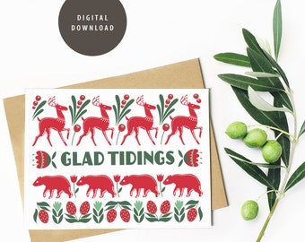 Printable Greeting Card, Holiday, Christmas, Glad Tidings, Scandinavian Design