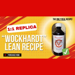 May include: A promotional image with a yellow and red background. Text reads "1:1 Replica" and "WOCKHARDT Lean Recipe". A bottle of Wockhardt Promethazine with Codeine Oral Solution is on the right. The text "Purchase Now" is also visible.