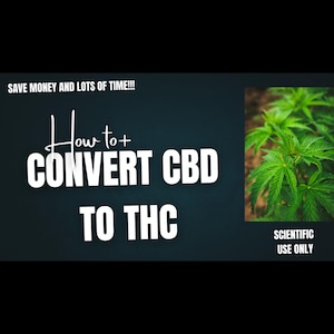 May include: Dark teal graphic with the text "How to Convert CBD to THC" in white. The phrase "Save money and lots of time!!!" is above the main text. A close-up of green cannabis leaves is on the right. The text "Scientific Use Only" is below the leaves.