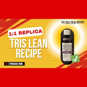 May include: A promotional image with a red and yellow background. The text "1:1 REPLICA TRIS LEAN RECIPE" is displayed prominently. A bottle of Promethazine Hydrochloride and Codeine Phosphate Oral Solution C is shown, along with the text "THE ONLY REAL RECIPE!" and a "PURCHASE NOW" button.