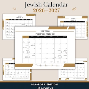 May include: A Jewish Calendar 2026-2027 Diaspora Edition featuring 12 months of grid layouts. The pages display Hebrew text, dates, and small icons representing holidays. The design uses a white, black, and gold color scheme with clean lines.