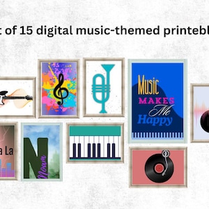 Set of 15 digital music-themed prints. Perfect for teen bedrooms, music studios, and creative spaces